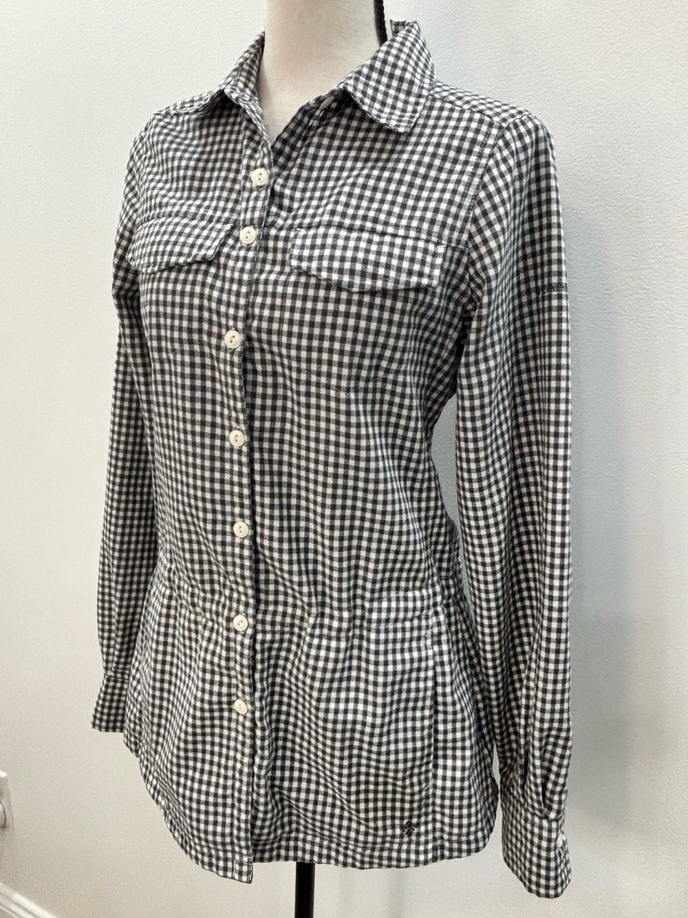 Columbia Gingham Black White Checkered Drawstring Waist Shirt Jacket Small